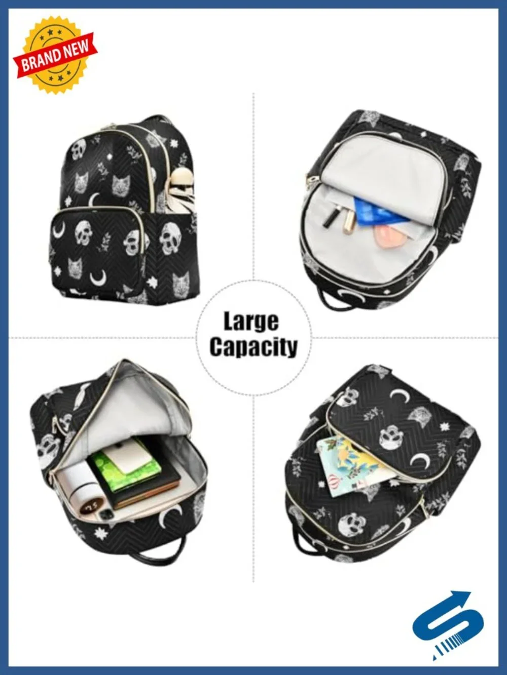 Gothic Skull Cat Moon Quilted Backpack Purse Women Travel Daypack